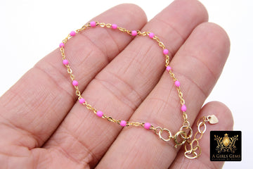 14 K Gold Filled Pink Fuchsia Beaded Satellite Bracelet, Adjustable